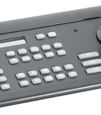 Three-axis variable-speed controller keypad. Controls 2,048 PTZ sites, 256 switched monitors, multiplexers, DVMRe, DVR, VCR