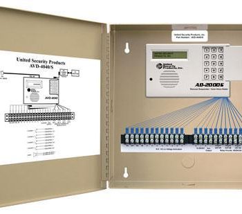 United Security Products AD2000-S Auto Voice Dialer with 4 VMZ’s, Calls 8 Numbers, 24VDC – in Metal Cabinet