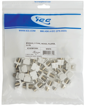 ICC IC107BFCWH F-Type Keystone Jack, Nickel, 25-Pk, White