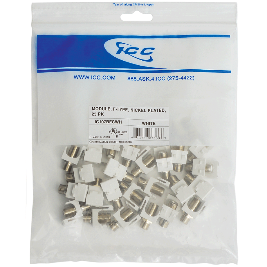 ICC IC107BFCWH F-Type Keystone Jack, Nickel, 25-Pk, White