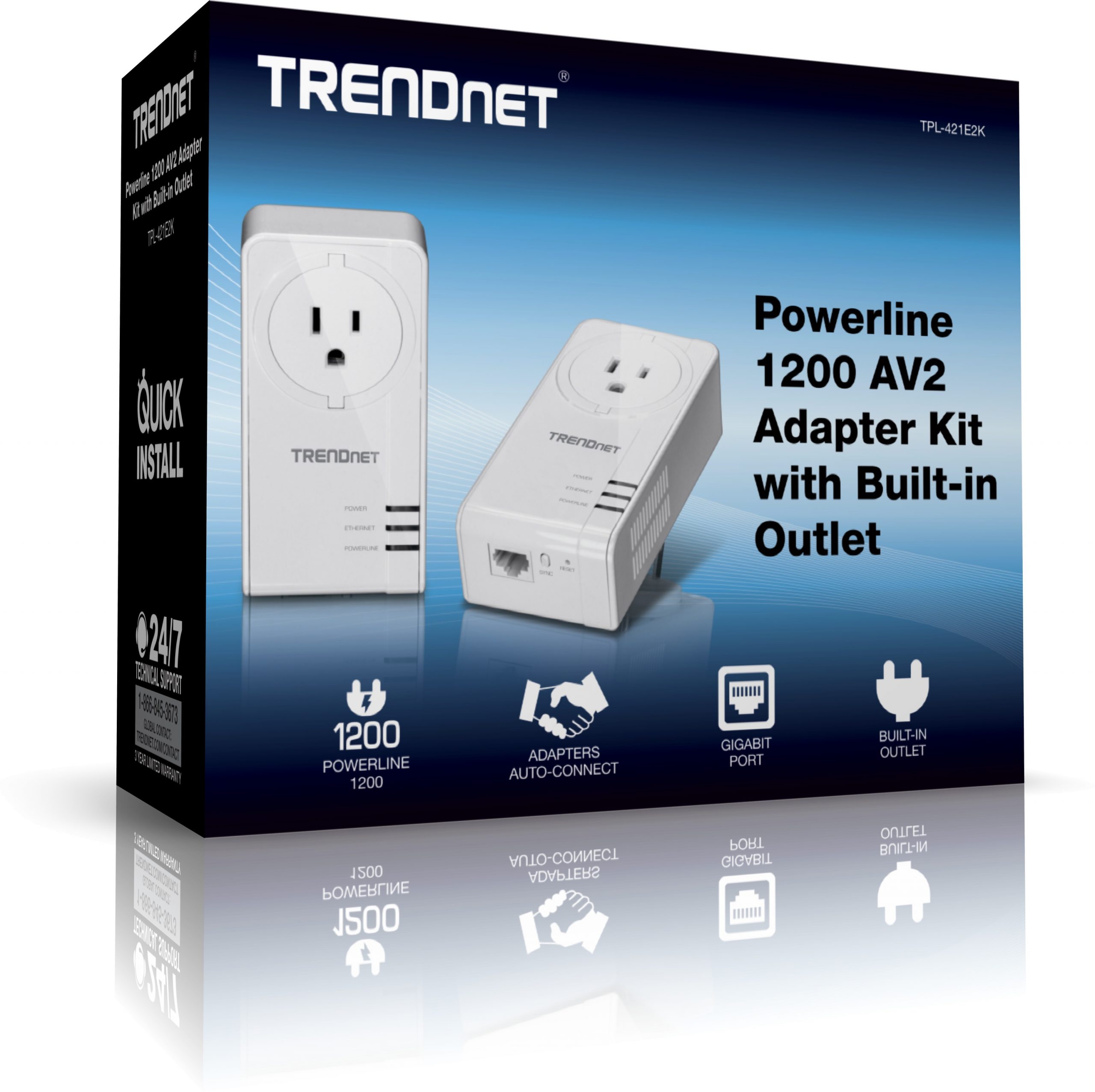 TRENDnet TPL-421E2K Powerline 1200 AV2 Adapter Kit with Built-in Outlet