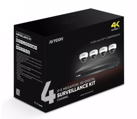 Avycon AVK-HN81V4-2T 4 Channel PoE 4K NVR, 2TB HDD with 4 x 8 Megapixel IR Vandal Dome Cameras, 3.6mm Lens
