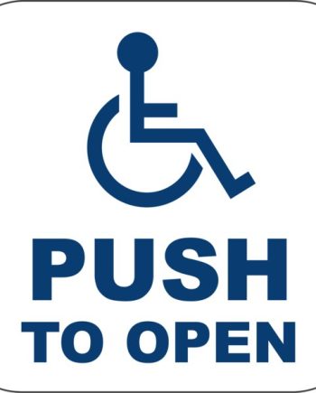 Camden Door Controls CM-26CB-4 Narrow Blue Push Plate Switch, White Graphics, Exposed Screws, ‘WHEELCHAIR’ Symbol and ‘PUSH TO OPEN’, Blue