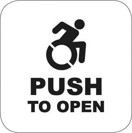 Camden Door Controls CM-26CB-A4 Narrow Blue Push Plate Switch, White Graphics, Exposed Screws, ‘ACTIVE WHEELCHAIR’ Symbol and ‘PUSH TO OPEN’ Text, Black Graphic