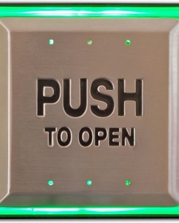 Camden Door Controls CM-45-2AL54 4 ½” Square Push Plate with Sounder, Illuminated Red/Green Surface Mount CM-54i Box, WHEELCHAIR Symbol with Arrow Left, Blue Graphics
