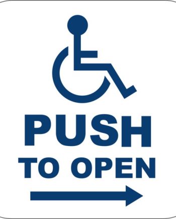 Camden Door Controls CM-45-4AR 4 1/2″ Square Push Plate Switch, Concealed Screws, ‘WHEELCHAIR’ Symbol and ‘PUSH TO OPEN’ with ARROW Right, Blue Graphics