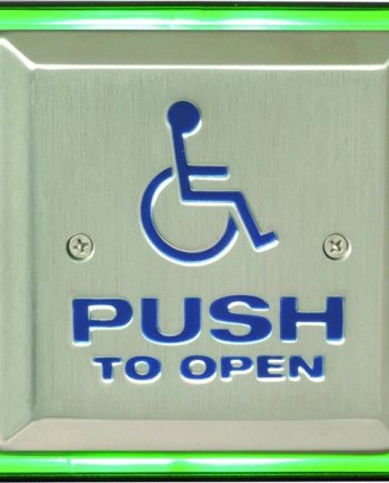 Camden Door Controls CM-46-2AL54 4 ½” Square Push Plate with Sounder, Illuminated Red/Green Surface Mount CM-54i Box, WHEELCHAIR Symbol with Arrow Left, Blue Graphics