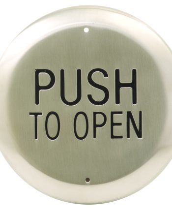 Camden Door Controls CM-60-3 6″ Round Push Plate Switch, ‘PUSH TO OPEN’, Black Graphics