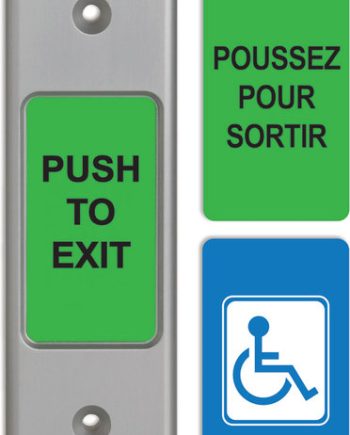 Camden Door Controls CM-9710C Narrow Faceplate, Switch with 3 English and French Labels (‘PUSH TO EXIT’, POUSSEZ POUR SORTIR, WHEELCHAIR Symbol)