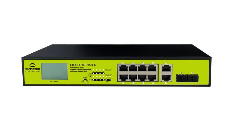 Syncom CMA-FG10P-150LX 8 Port Fast Ethernet PoE Switch with 2 Port Gigabit Combo Uplinks. LED Display