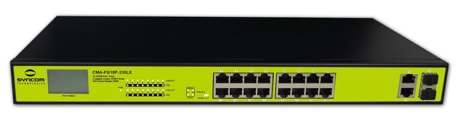Syncom CMA-FG18P-330LX 16 Port Fast Ethernet PoE Switch with 2 Gigabit Combo Uplink Ports, LCD Display