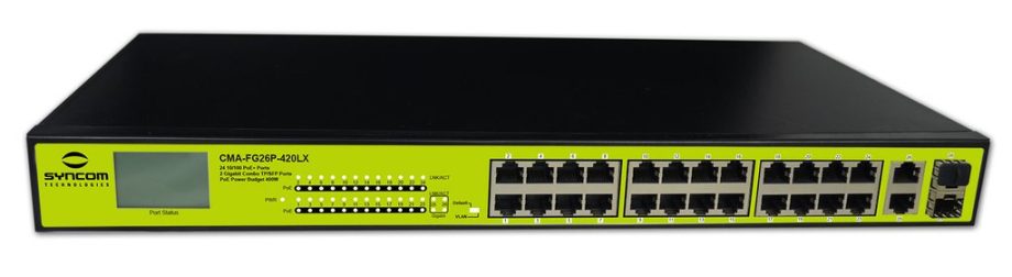 Syncom CMA-FG26P-420LX 24 Port Fast Ethernet PoE Switch with 2 Gigabit Combo Uplink Ports, LCD Display