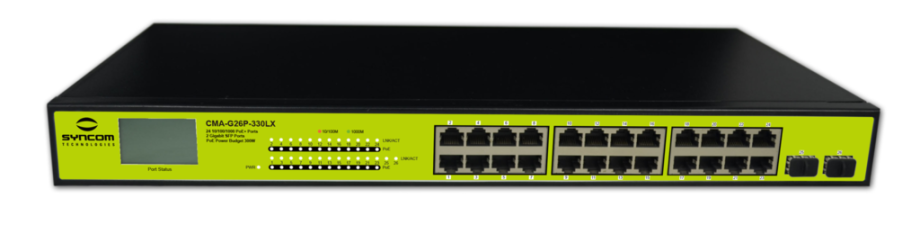 Syncom CMA-G26P-330LX 26 Port Gigabit Ethernet PoE Switch with 2 SFP Ports, LCD Usage Display