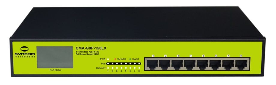 Syncom CMA-G8P-150LX 8 Port Gigabit Ethernet PoE Switch, LCD Usage Display