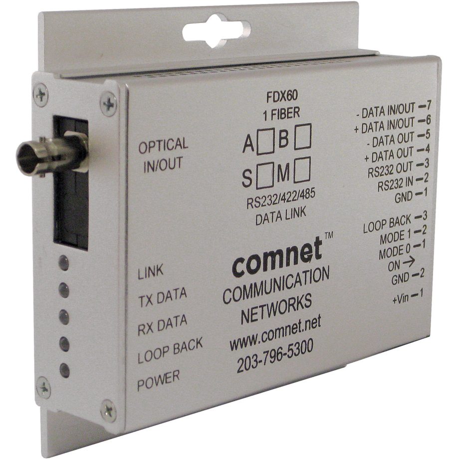 Comnet FDX60M1AM Small Size RS232/422/485 2 & 4W Bi-directional Universal Data Transceiver, mm, 1 Fiber