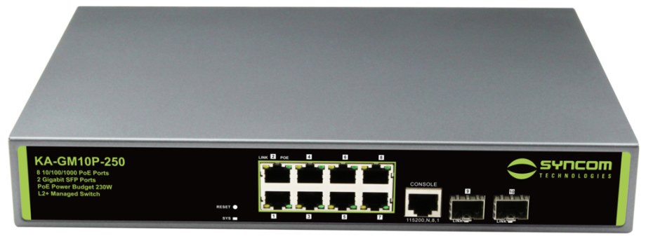 Syncom KA-GM10P-250 8 Port Managed Gigabit PoE+ Switch with 2 Port Gigabit SFP