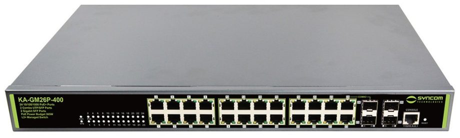 Syncom KA-GM26P-400 24 Port Managed Gigabit PoE+ Switch with 2 Port Gigabit SFP (365w power budget)