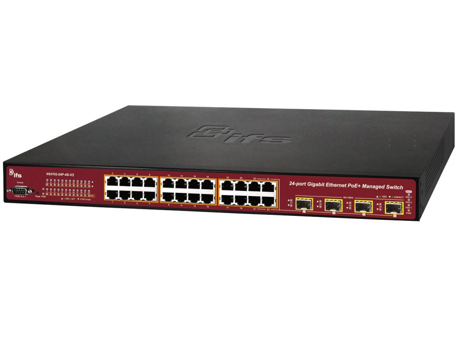 GE Security GE Security Interlogix NS3702-24P-4S-V2 24 Port Managed Gigabit Ethernet Switch with 4 Gigabit SFP Ports, PoE+ and L3 Static Routing