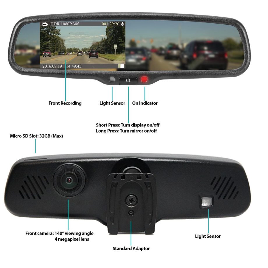 RVS Systems RVS-718-BB G-Series 4.3 inch Rear View Replacement Mirror Monitor with Built-In Dash Camera