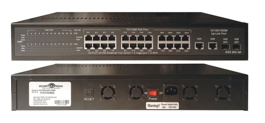 SecurityTronix ST-POEAF-24UL-RM 24 Port 10/100 Ethernet PoE Switch With Two 1 Gigabit Uplink Ports