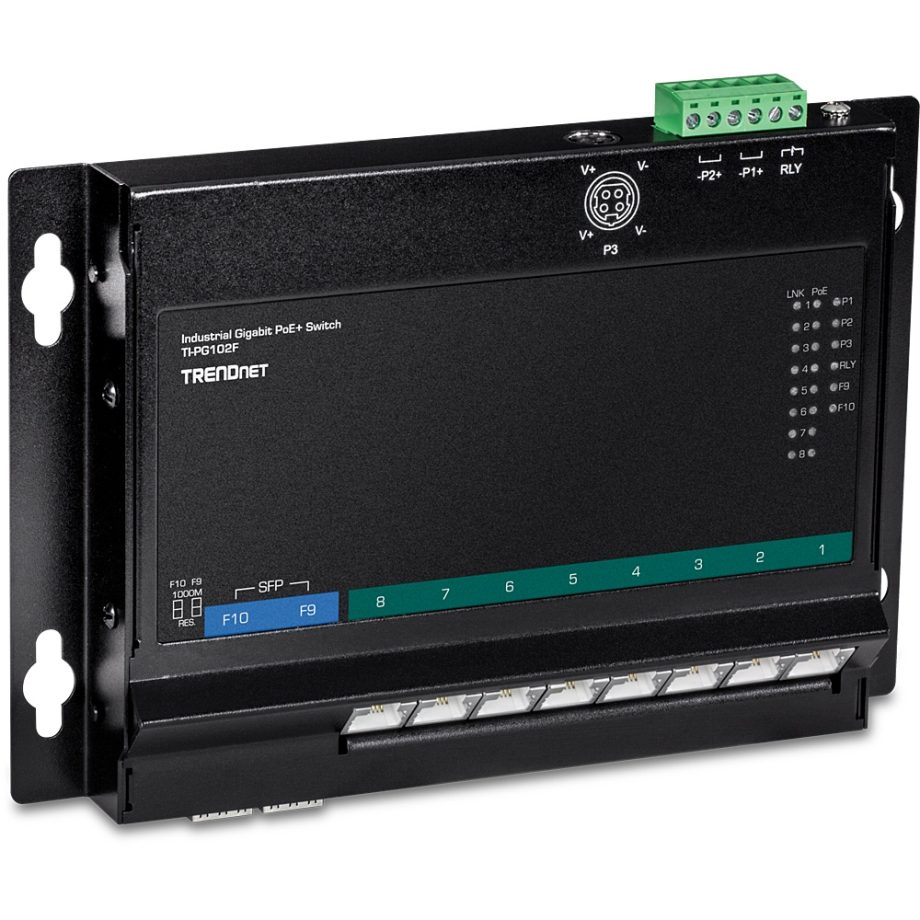 TRENDnet TI-PG102F 10 Port Industrial Gigabit PoE+ Wall-Mount Front Access Switch