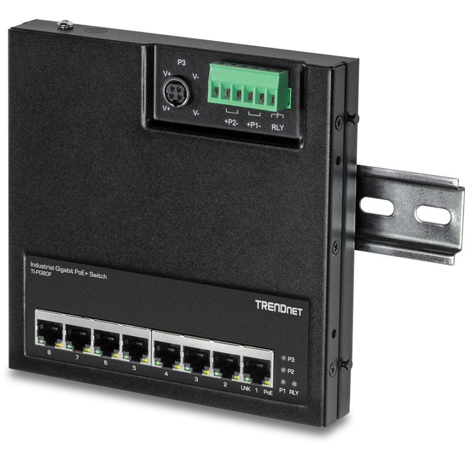 TRENDnet TI-PG80F 8-Port Industrial Gigabit PoE+ Wall-Mount Front Access Switch