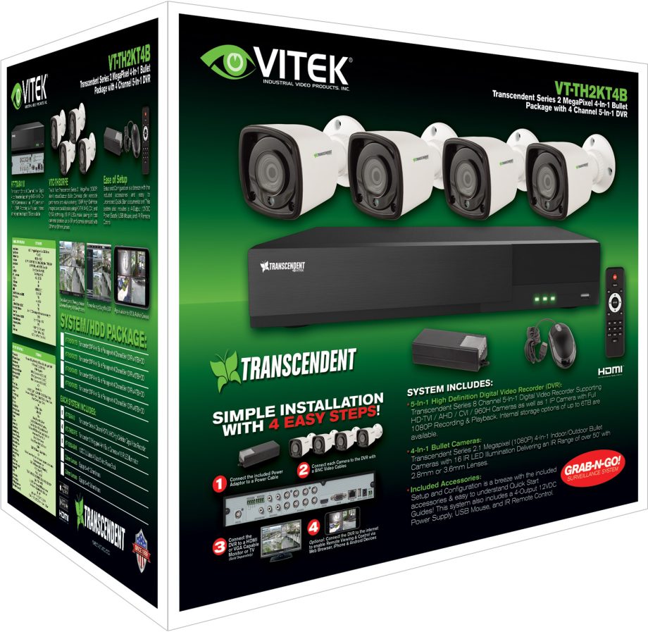 Vitek VT-TH2KT41TB 4 Channel 1080P 4-IN-1 (TVI/AHD/CVI/CVBS) DVR, 1TB 5-IN-1 with 4 X 2 MegaPixel Bullet Cameras, 3.6mm