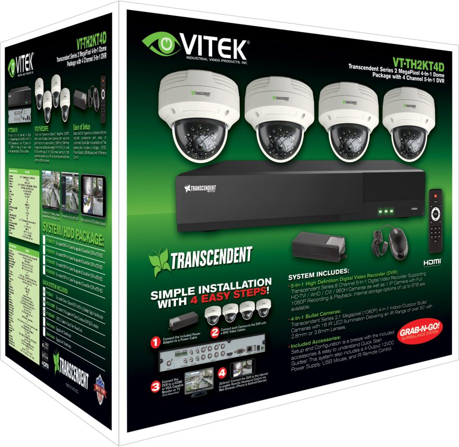 Vitek VT-TH2KT46TD-2 4 Channel 1080P 4-IN-1 (TVI/AHD/CVI/CVBS) DVR, 6TB, 4 X 2 Megapixel Dome Cameras, 2.8mm