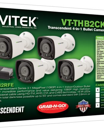 Vitek VT-THB2CKTFE-2 HD-TVI/AHD/CVI/CVBS 1080P 4K Fixed Bullet Camera 4 Pack Includes VTC-THB2RFE-2 with 2.8mm Lens & VT-1205A-D4K 12VDC Power Block
