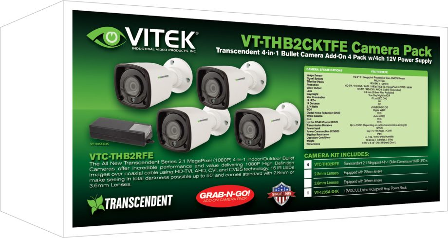 Vitek VT-THB2CKTFE-2 HD-TVI/AHD/CVI/CVBS 1080P 4K Fixed Bullet Camera 4 Pack Includes VTC-THB2RFE-2 with 2.8mm Lens & VT-1205A-D4K 12VDC Power Block