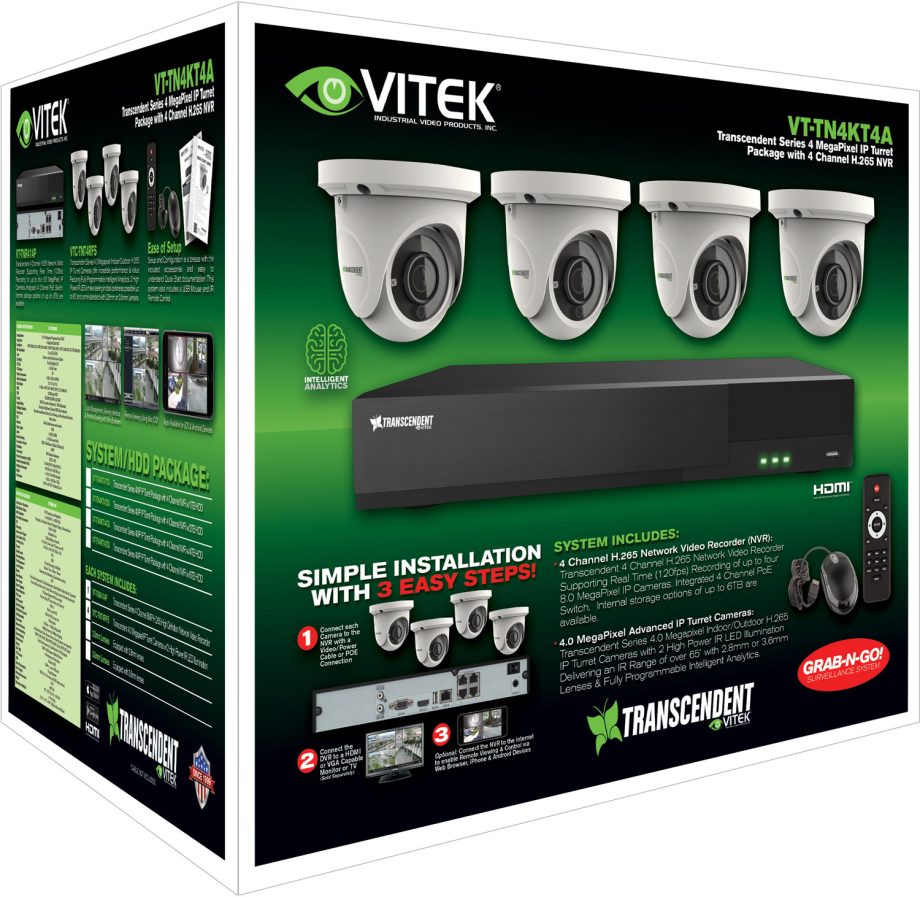 Vitek VT-TN4KT41TA-2 4 Channel IP PoE NVR, 1TB with 4 x 4 Megapixel Turret/Ball Cameras, 2.8mm Lens