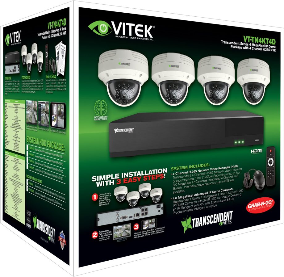 Vitek VT-TN4KT41TD-2 4 Channel IP PoE NVR, 1TB with 4 x 4 Megapixel Dome Cameras, 2.8mm