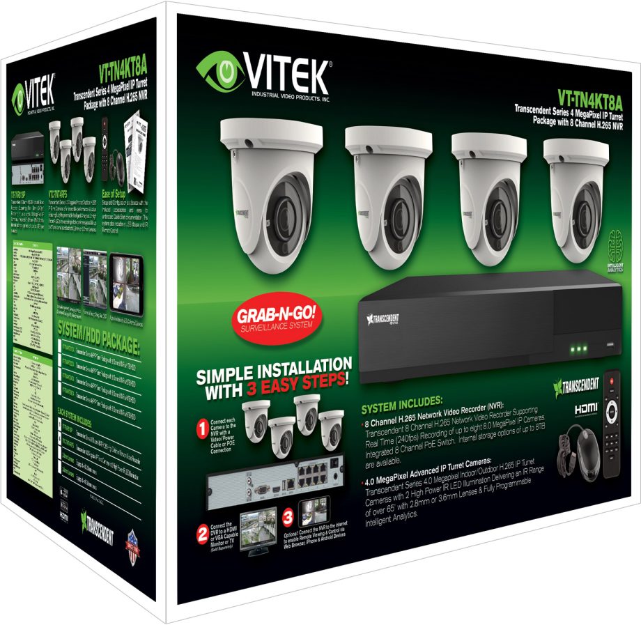 Vitek VT-TN4KT81TA 8 Channel PoE IP NVR, 1TB with 4 X 4 Megapixel Turret/Ball Cameras, 3.6mm