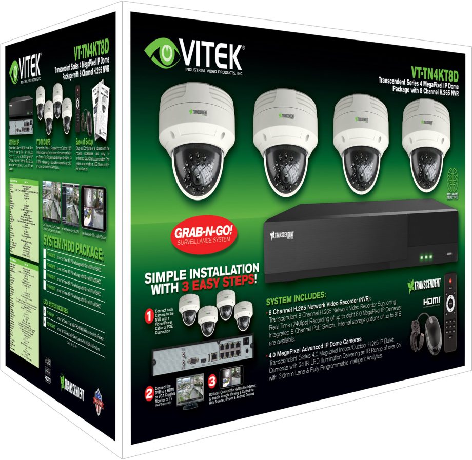 Vitek VT-TN4KT88TD-2 8 Channel IP PoE NVR, 8TB with 4 x 4 Megapixel Dome Cameras, 2.8mm Lens